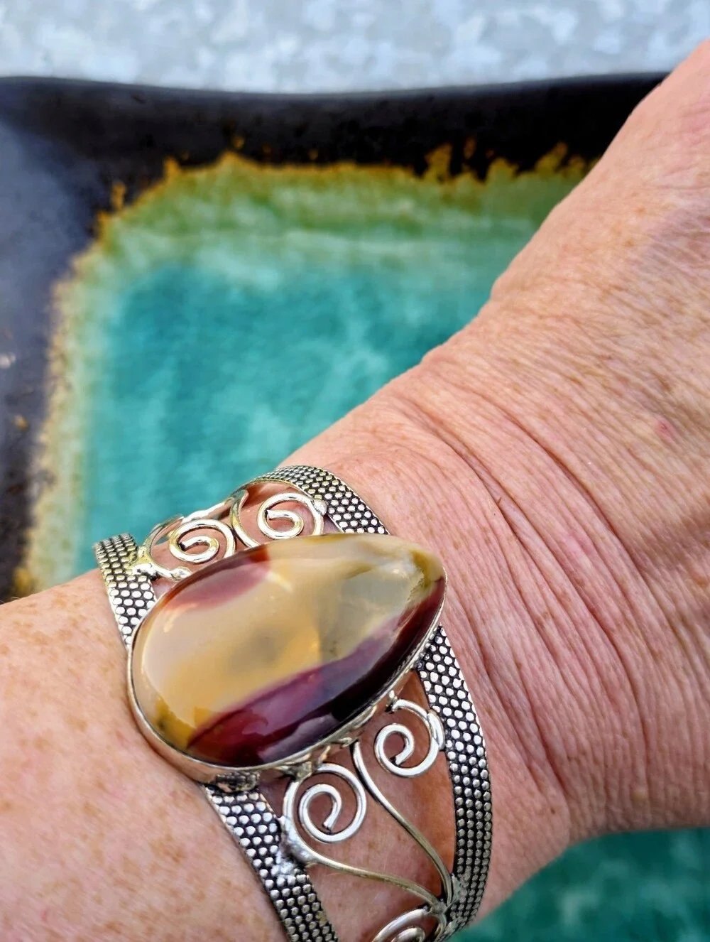 Mookaite Gemstone Cuff Bracelet In 925 Sterling Silver (Adjustable)